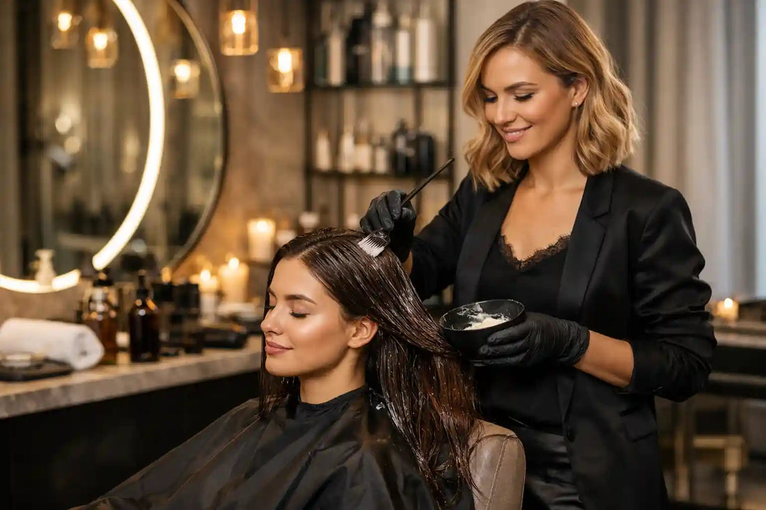 Professional stylist applying a deep repair treatment inside a modern Hair Treatment Salon, restoring shine and strength to damaged hair in a calm, luxury setting.