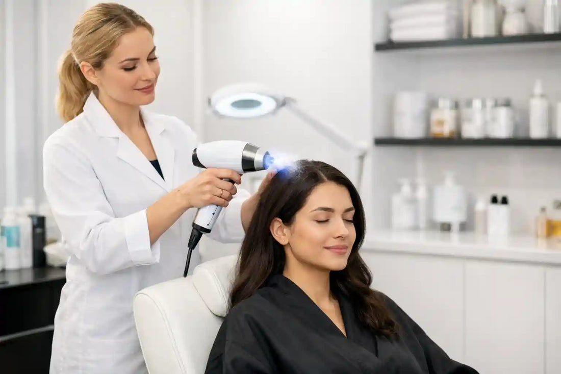 Cold therapy device used during Scalp Revitalising Treatment in modern salon to stimulate scalp circulation and strengthen hair roots.