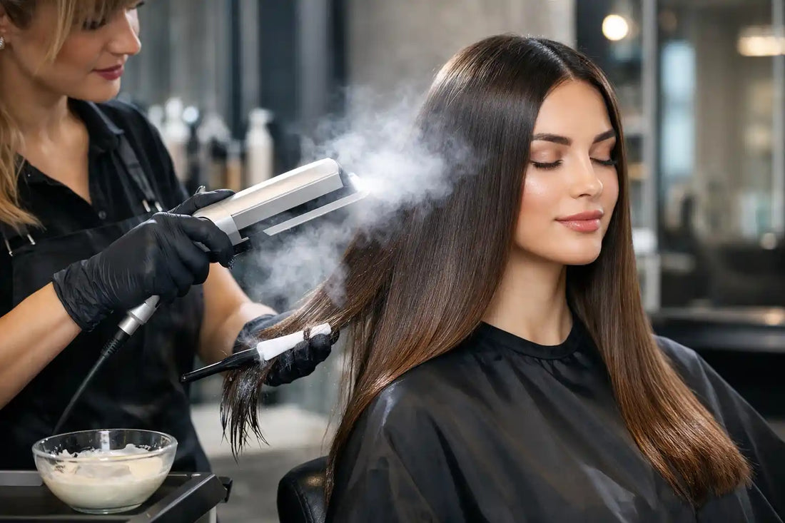 Professional hair cryotherapy treatment being applied in a modern Australian salon to repair damaged hair and restore smoothness and shine.